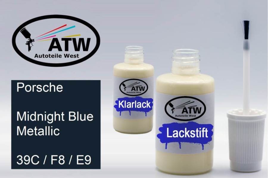 Porsche, Midnight Blue Metallic, 39C / F8 / E9: 20ml Lackstift + 20ml Klarlack - Set, von ATW Autoteile West.